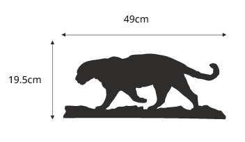 Black silhouette of a large cat resembling a jaguar on a base, with horizontal length labeled 49 cm and vertical height labeled 19.5 cm.
