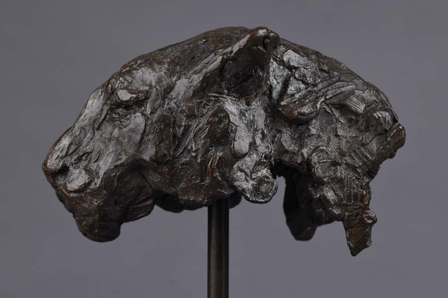Dark bronze sculpture of a leopard's head on a stand against a gray background.
